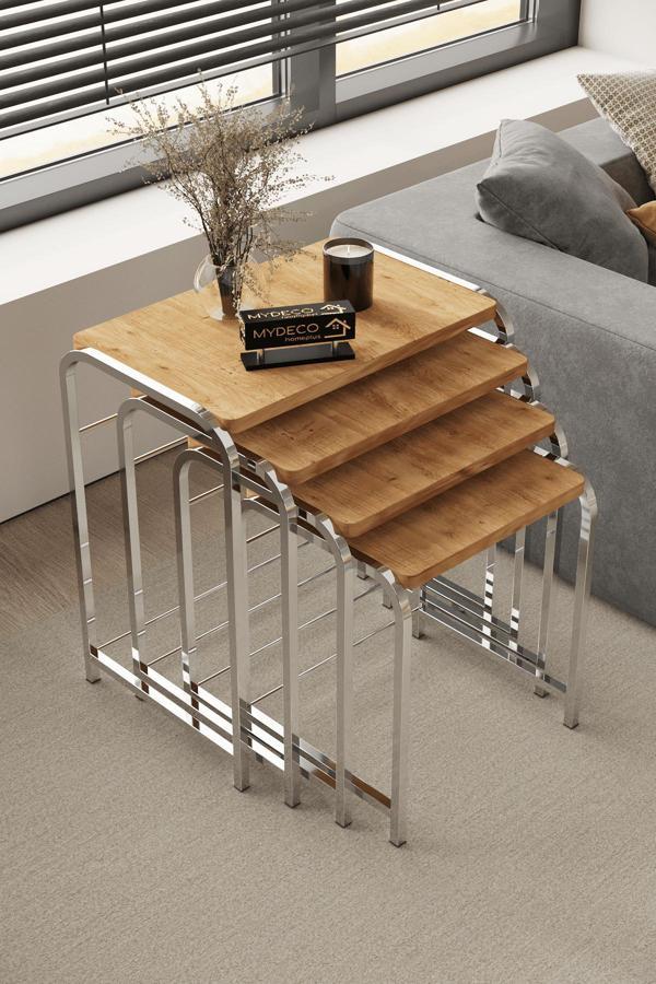 Home Plus Mobilya Defne 4 Lü Gümüş Atlantik Çam & Bohem Sehpa & Zigon Sehpa & Orta Sehpa & Modern Sehpa Takımı - Image 1