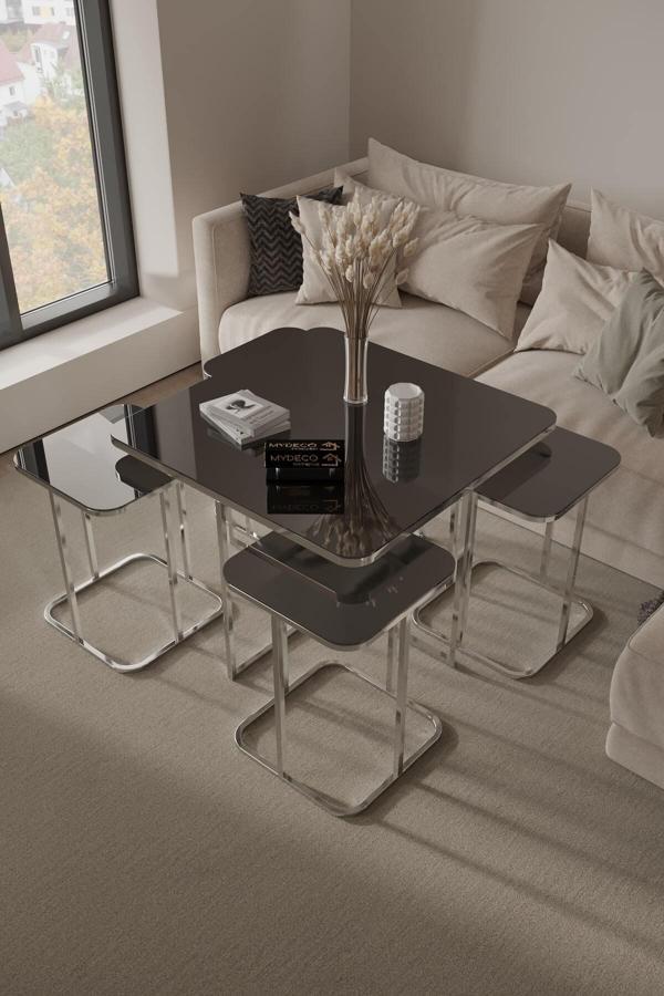 Home Plus Mobilya 5'Li Radüslü Gümüş Kaplama Füme Aynalı Orta Sehpa & Zigon Sehpa & Yan Sehpa & Bohem Sehpa Takımı - Image 1