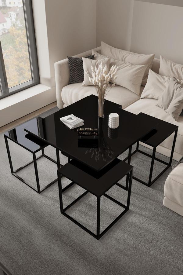 Home Plus Mobilya Bangui 5'Li Siyah İskelet Siyah Ayna Orta Sehpa & Zigon Sehpa & Yan Sehpa & Bohem Sehpa Takımı - Image 1