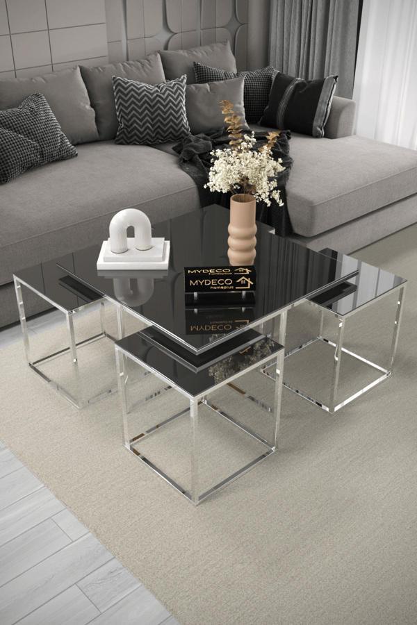 Home Plus Mobilya Pekin 5'Li Gümüş Kaplama Füme Aynalı Orta Sehpa & Zigon Sehpa & Yan Sehpa & Bohem Sehpa Takımı - Image 1