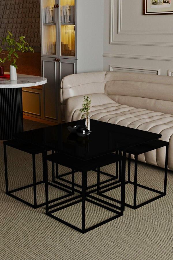 Home Plus Mobilya Bissau 5'Li Siyah İskelet Siyah Mat Mdf Orta Sehpa & Zigon Sehpa & Yan Sehpa & Bohem Sehpa Takımı - Image 1