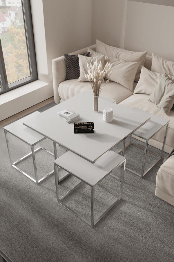 Home Plus Mobilya Astana 5'Li Gümüş Beyaz 12 Mm Parlak Mdf Orta Sehpa & Zigon Sehpa & Yan Sehpa & Bohem Sehpa Takımı - Image 1