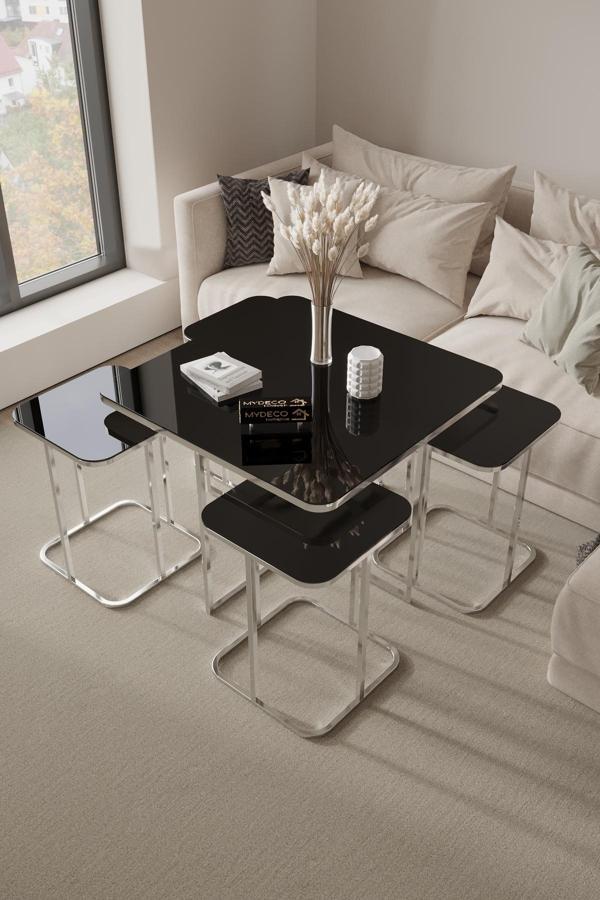 Home Plus Mobilya 5'Li Radüslü Gümüş Kaplama Siyah Aynalı Orta Sehpa & Zigon Sehpa & Yan Sehpa & Bohem Sehpa Takımı - Image 1