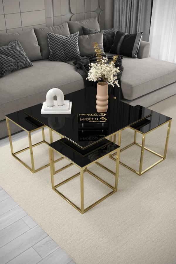 Home Plus Mobilya Caracas 5'Li Gold Kaplama Siyah Aynalı Orta Sehpa & Zigon Sehpa & Yan Sehpa & Bohem Sehpa Takımı - Image 1