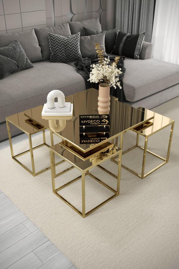 Mydeco Madrid 5'Li Gold Kaplama Bronz Aynalı Orta Sehpa & Zigon Sehpa & Yan Sehpa & Bohem Sehpa Takımı - Image 1