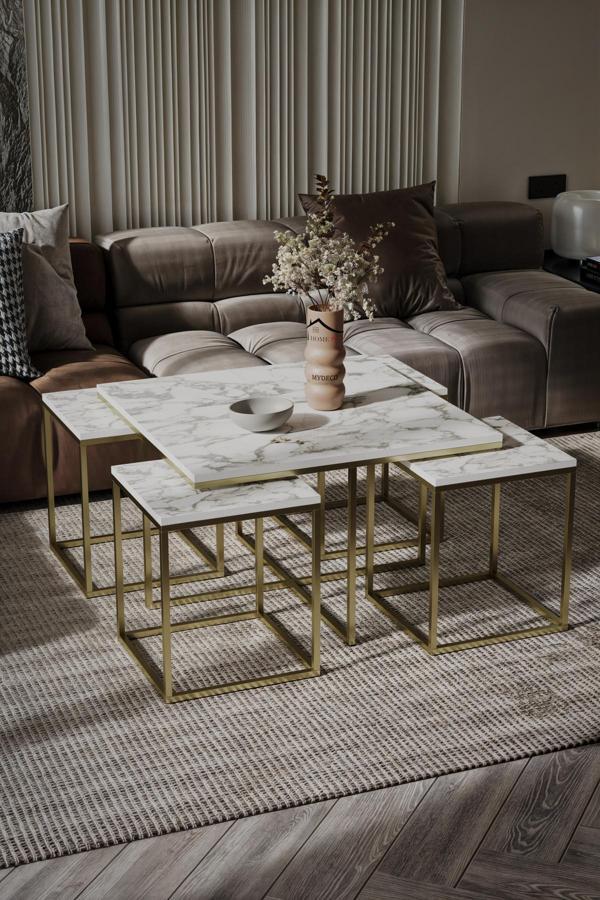 Home Plus Mobilya Brasilia 5'Li Gold Kaplama Beyaz Mermer Orta Sehpa & Zigon Sehpa & Yan Sehpa & Bohem Sehpa Takımı - Image 1