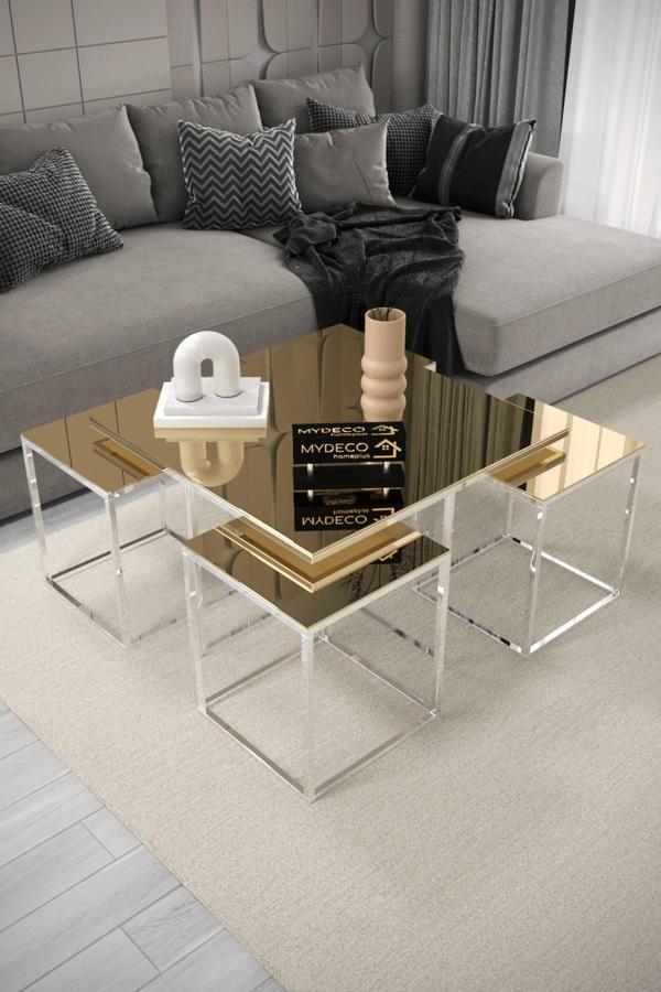 Home Plus Mobilya Fujika 5'Li Gümüş Kaplama Bronz Aynalı Orta Sehpa & Zigon Sehpa & Yan Sehpa & Bohem Sehpa Takımı - Image 1