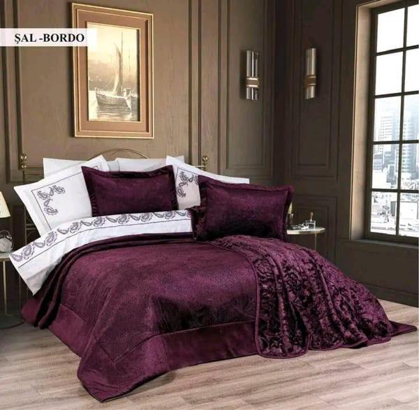 Ecosse 10 Parça Çeyiz Seti (Battaniye+Nevresim Takımı+Yatak Örtüsü)-Şal Bordo - Image 1