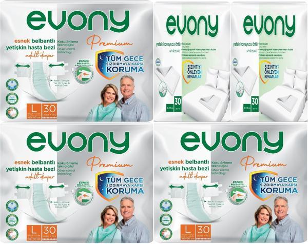 Evony Premium Hasta Bezi Yetişkin Bel Bantlı Tekstil Yüzey Büyük 90 Adet+Yatak Koruyucu Örtü 60 Adet - Image 1