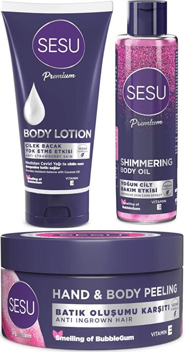 Sesu Vücut Losyonu 175ML/Vücut Peelingi 250ML/Simli Cilt Bakım Yağı 150ML Karma (3 Lü Set) - Image 1