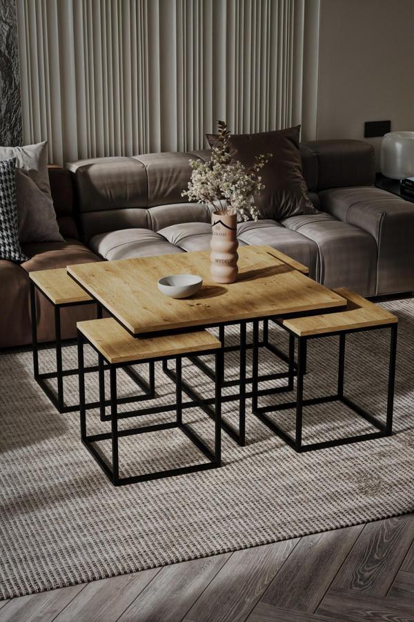 Home Plus Mobilya Nairobi 5'Li Siyah İskelet Barok Sunta Orta Sehpa & Zigon Sehpa & Yan Sehpa & Bohem Sehpa Takımı - Image 1