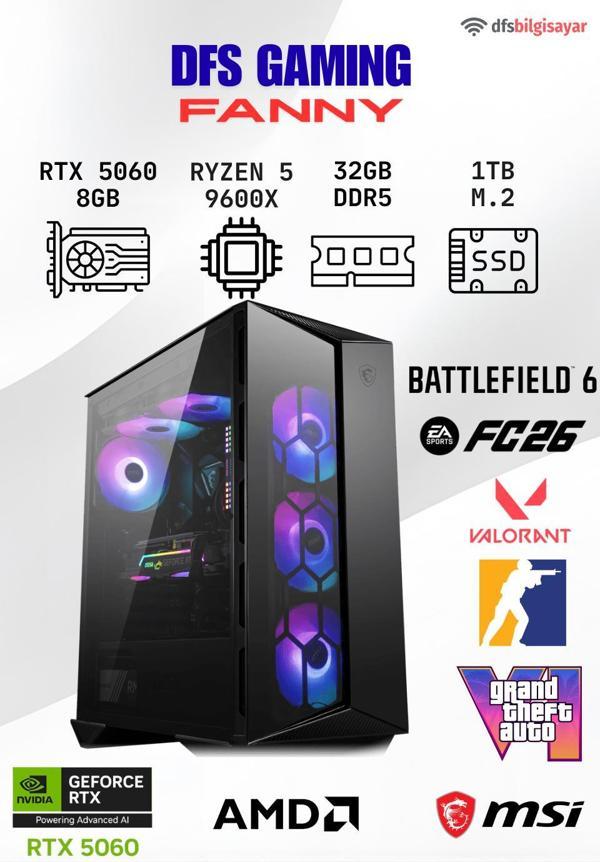 DFS GAMING FANNY RYZEN 5 9600X-B650M-RTX 5060-32GB DDR5 RAM-1TB M.2 SSD-OYUNCU BİLGİSAYARI - Image 1