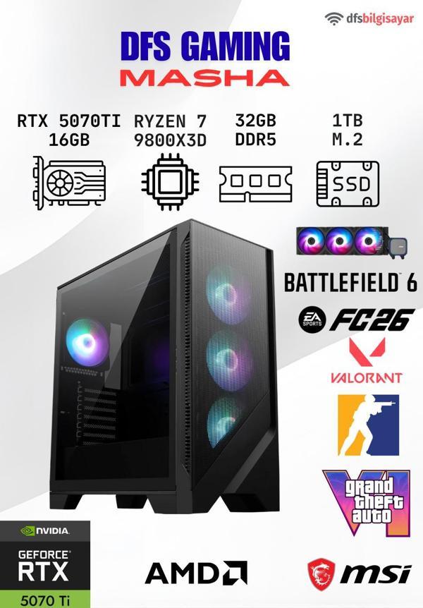 DFS GAMING MASHA RYZEN 7 9800X3D-B650M-RTX 5070 TI 16GB-32GB DDR5 RAM-1TB M.2 SSD-OYUNCU BİLGİSAYARI - Image 1