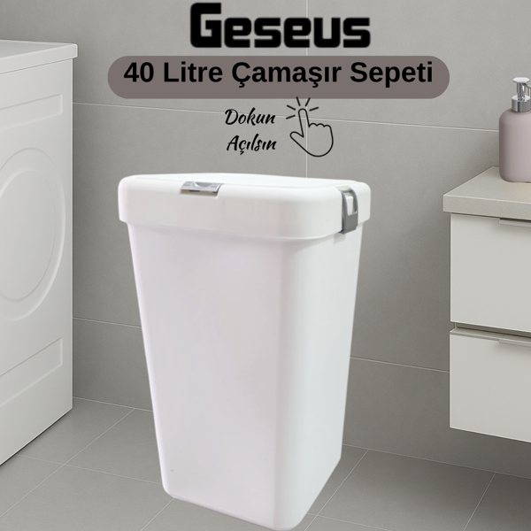 Gümüş Tekli Dokunmatik Çamaşır Sepeti Çöp Kovası Temizlik Kovası Kirli Sepet 40 Litre-MT008 - Image 1