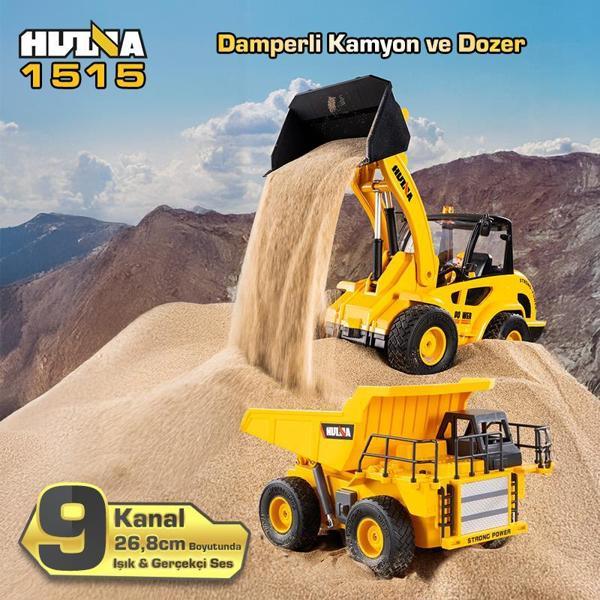 HUINA 1515 1/24 9CH RC Damperli Kamyon & Wheel Loader Dozer Kazıcı Set İş Makinesi Kumandalı RC Model & Ses&Işık Sistemi - Image 1