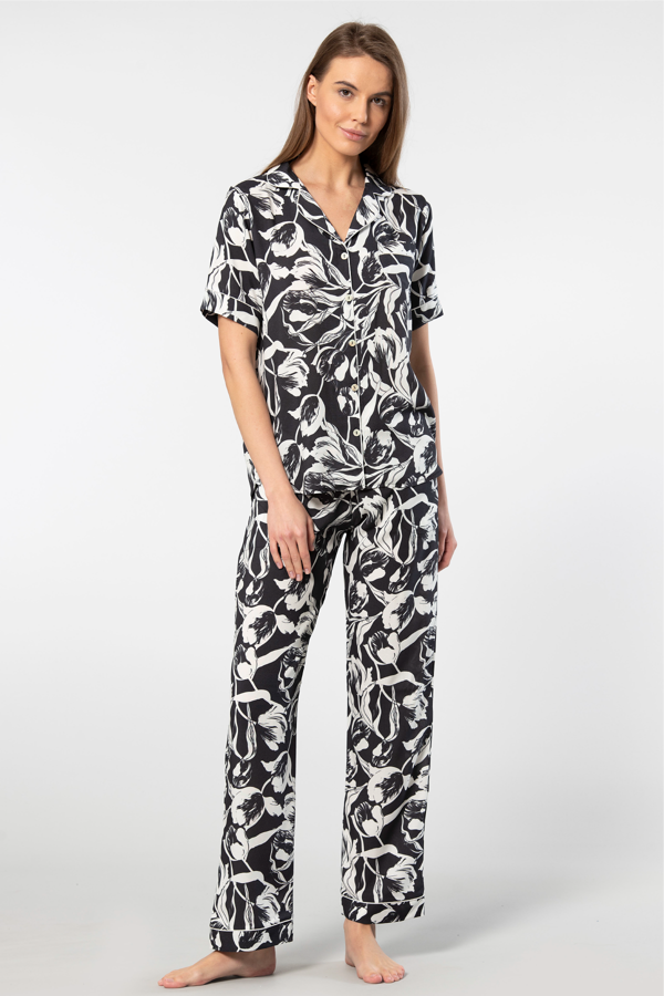 Türen Kadın Desenli Kısa Kol Dokuma Pijama Takımı 3604/Siyah2 - Image 1