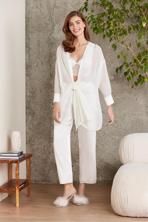 Pierre Cardin 7025 Ekru Kadın 4'lü Saten Takım Gelin Çeyiz Seti - Image 1