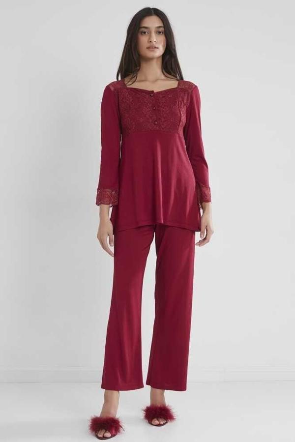 Pierre Cardin Kadın Penye Dantelli Pijama Takımı 1241 Bordo - Image 1