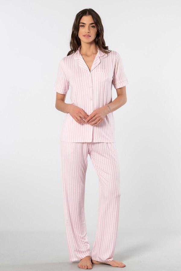 Türen Çizgili Kısa Kollu Gömlek Yaka Pijama Takımı 3355/Pembe - Image 1