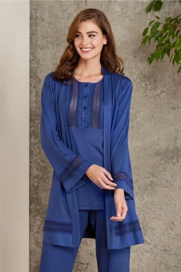 Pierre Cardin 2800 Kadın Lacivert Dantelli Penye 3'lü Sabahlıklı Pijama Takım - Image 1