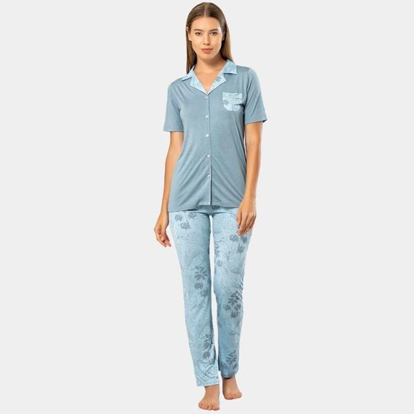 Yaprak Desenli Kısa Kol Pijama 3376/Mavi - Image 1