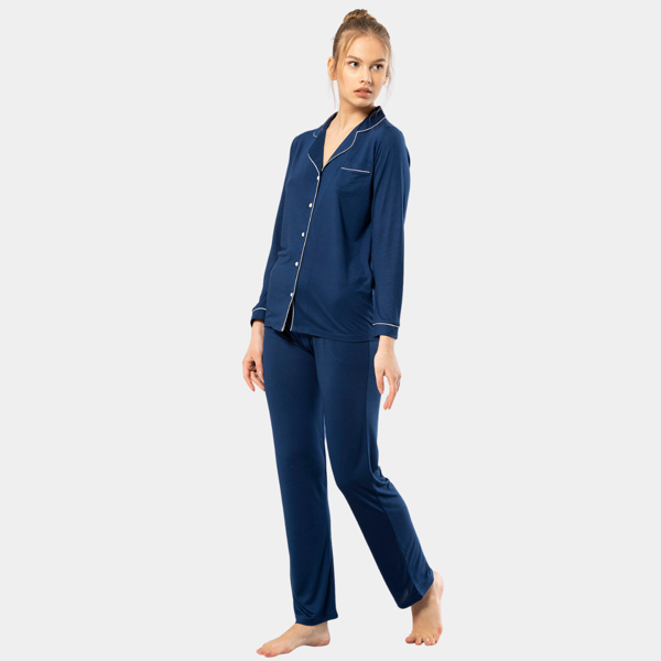 Türen Düz Uzun Kollu Gömlek Yaka Pijama Takım 3365/Lacivert - Image 1