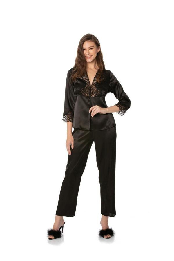 Pierre Cardin Saten Dantelli Kadın Pijama Takımı - 1110 Siyah - Image 1