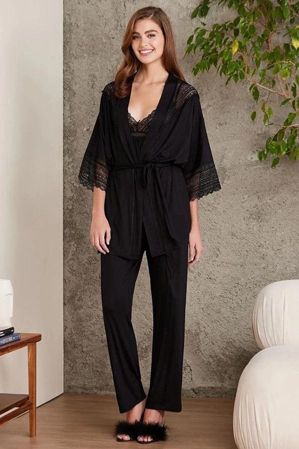 Pierre Cardin 2820 Kadın siyah Dantelli Penye 3'lü Sabahlıklı Pijama Takım - Image 1