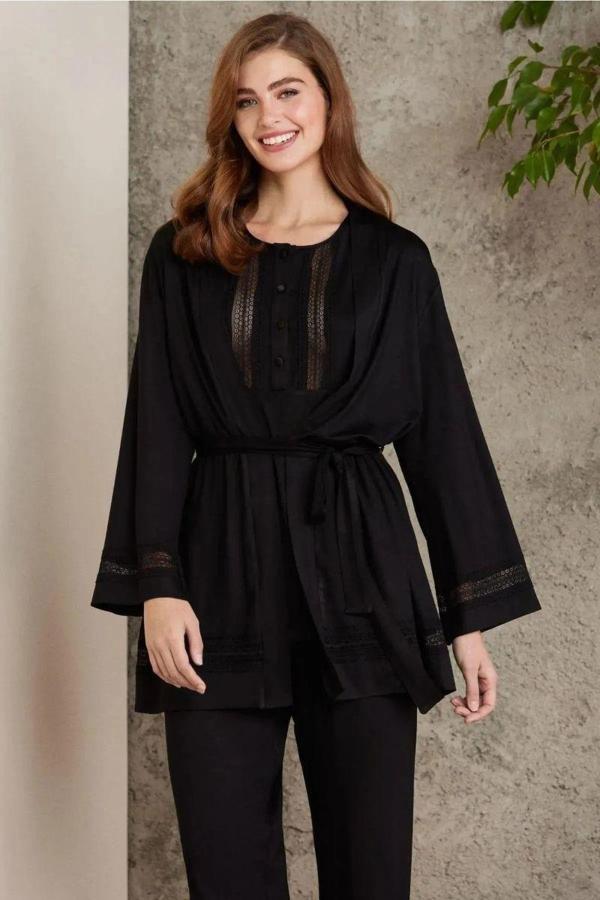 Pierre Cardin 2800 Kadın Siyah Dantelli Penye 3'lü Sabahlıklı Pijama Takım - Image 1