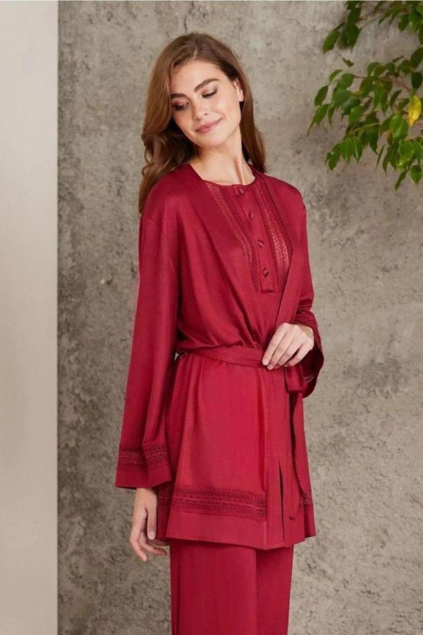 Pierre Cardin 2800 Kadın Bordo Dantelli Penye 3'lü Sabahlıklı Pijama Takım - Image 1