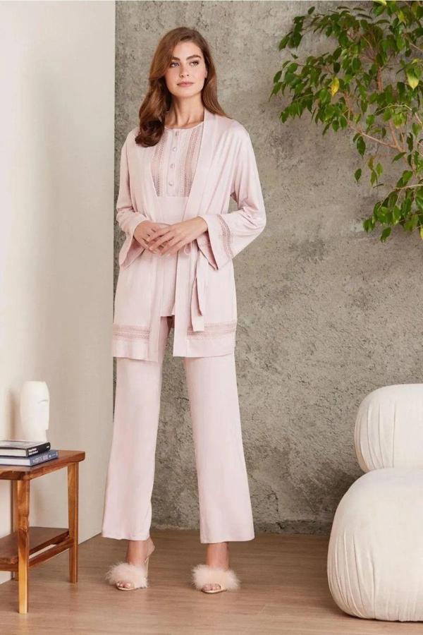 Pierre Cardin 2800 Kadın Pudra Dantelli Penye 3'lü Sabahlıklı Pijama Takım - Image 1