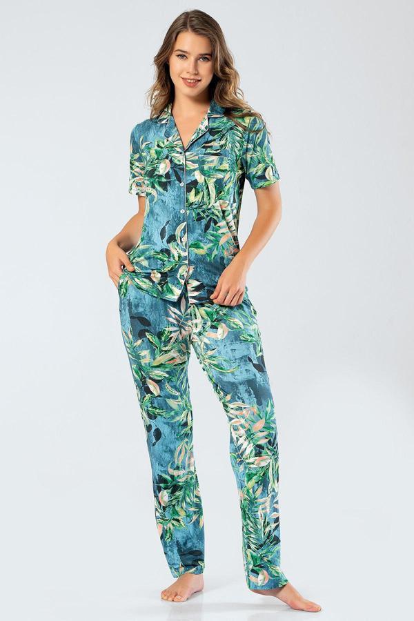 Türen Yapraklı Kısa Kollu Gömlek Yaka Pijama Takımı 3355/Petrol - Image 1