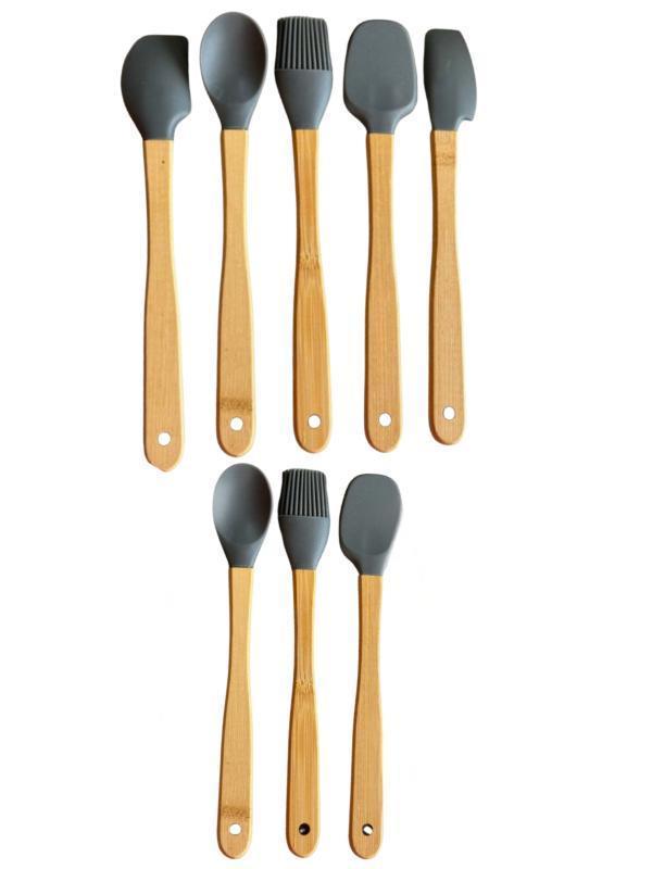 Mucit Home GRİ 8'li Bambu Saplı Silikon Uçlu Spatula Fırçalı Kaşık Seti - Image 1