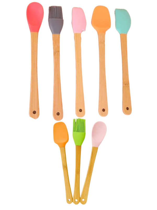 Mucit Home Renkli 8'li Bambu Saplı Silikon Uçlu Spatula Fırçalı Kaşık Seti - Image 1