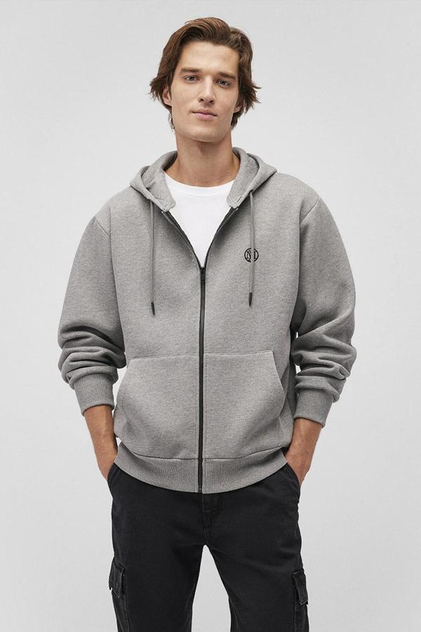 Mavi Erkek Logolu Kapüşonlu Fermuarlı Sweatshirt M066979 Gri Melanj - Image 1