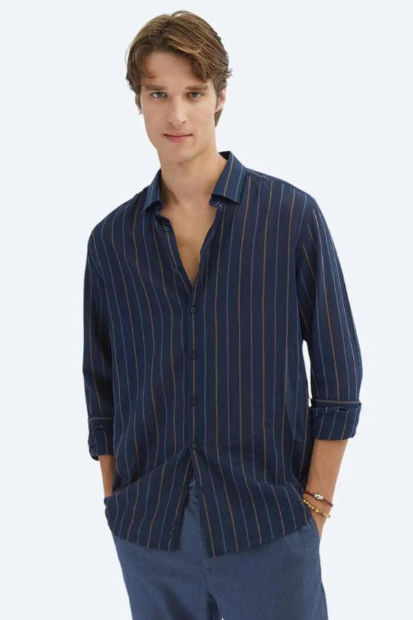 Kip Erkek Çizgili Regular Fit Dokuma Casual Pamuk Karışımlı Gömlek GM-5776 Lacivert - Image 1