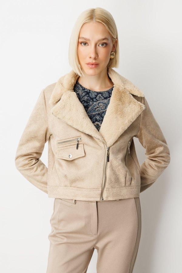 Ekol Kadın Peluşlu Güderi Mont 8011 Kum - Image 1