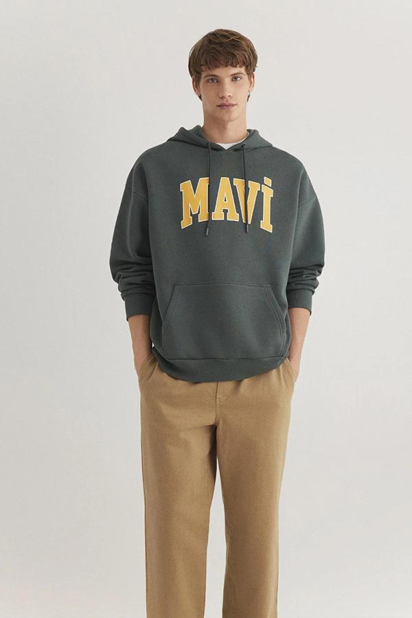 Mavi Erkek Logo Baskılı Kapüşonlu Sweatshirt M067149 Koyu Yeşil - Image 1