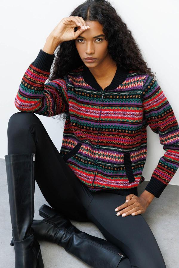 Desen Triko Kadın Hakim Yaka Jakarlı Yün Hırka 25102 Siyah - Image 1