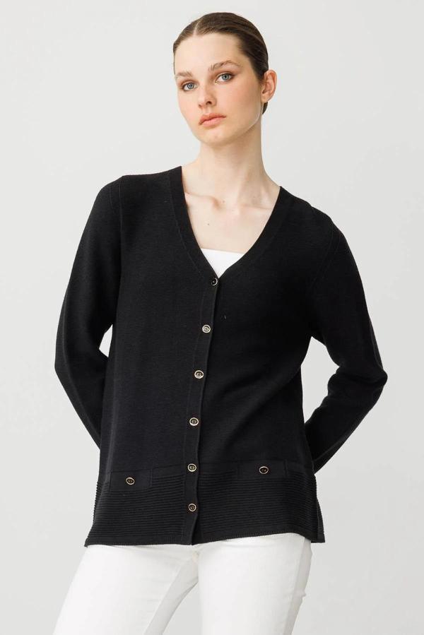 Desen Triko Kadın V Yaka Sahte Cepli Düğmeli Hırka 25244 Siyah - Image 1