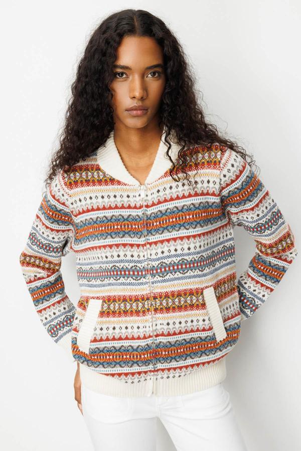 Desen Triko Kadın Hakim Yaka Jakarlı Yün Hırka 25102 Kemik - Image 1