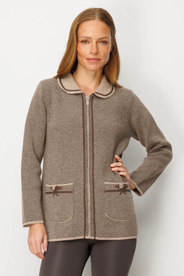 Desen Triko Kadın Polo Yaka Cebi Nakış İşlemeli Yün Hırka 25032 K. Bej - Image 1