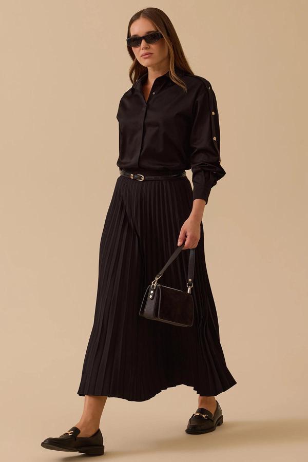 Seçil Kadın Esnek Bel Pliseli Basic Etek 1019 Siyah - Image 1