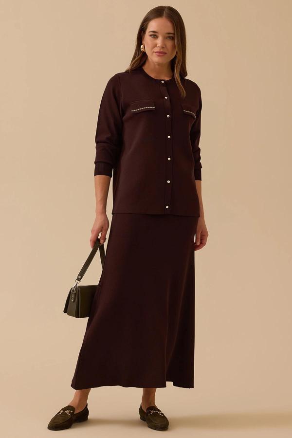 Seçil Kadın Yuvarlak Yaka Düğmeli Triko Hırka 1012 Kahverengi - Image 1