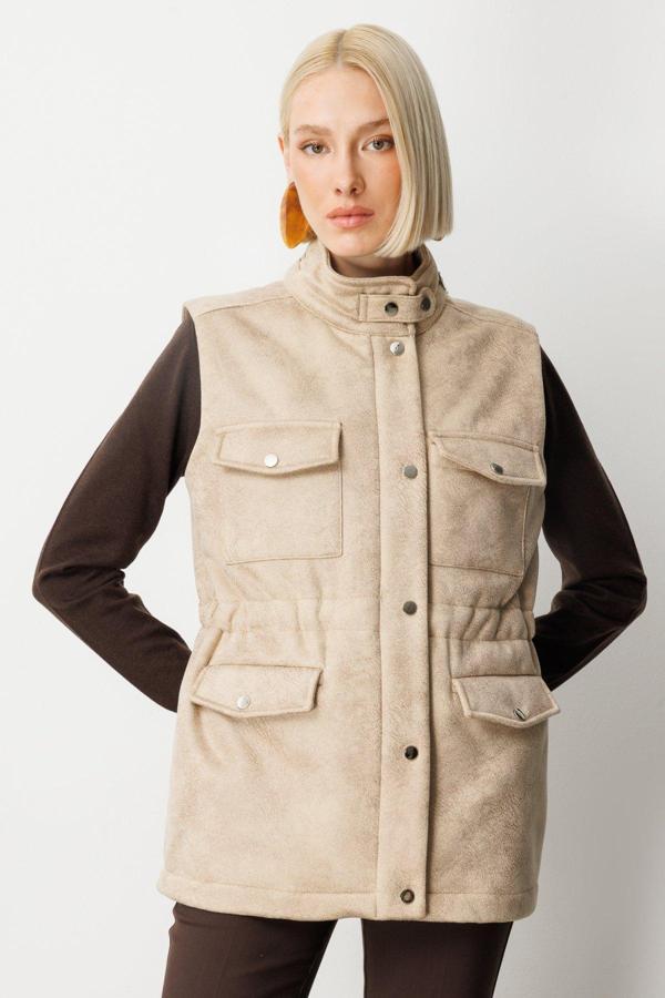 Ekol Kadın Peluş Astarlı Kapak Cepli Yelek 8503 Kum - Image 1