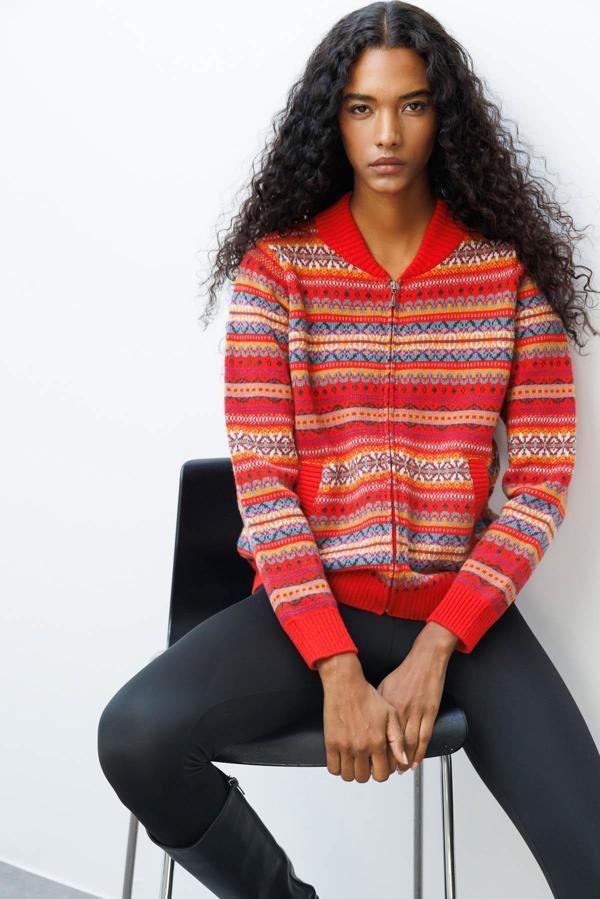 Desen Triko Kadın Hakim Yaka Jakarlı Yün Hırka 25102 Mercan - Image 1