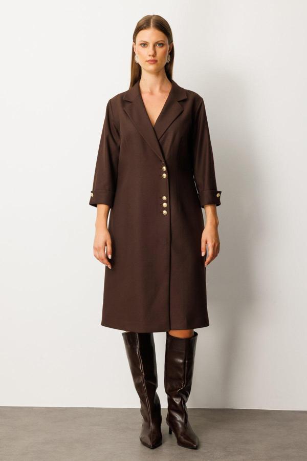 Ekol Kadın Büyük Beden Kruvaze Yaka Midi Elbise 4509 Kahverengi - Image 1