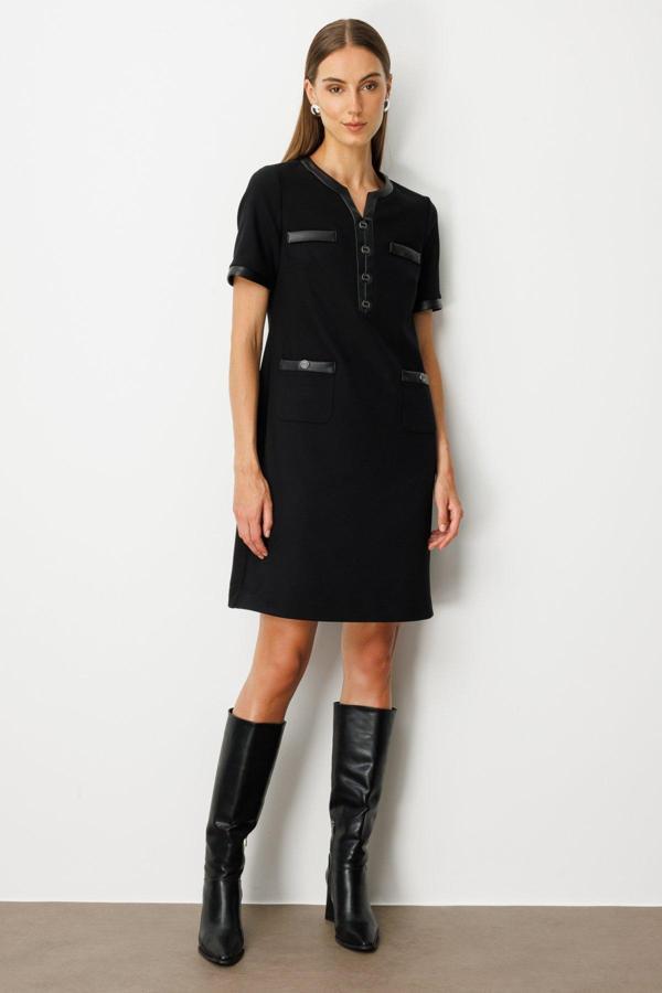 Ekol Kadın Deri Detaylı Midi Elbise 4083 Siyah - Image 1