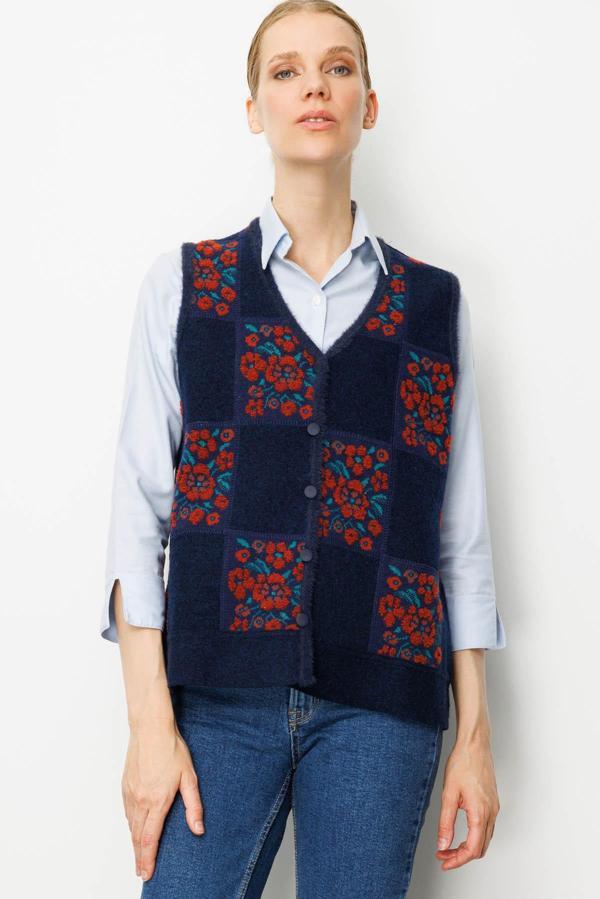 Desen Triko Kadın Pıtırcık Çiçekli Patchwork Keçe Yün Yelek 24084 Y.A.Laci-Kiremit - Image 1