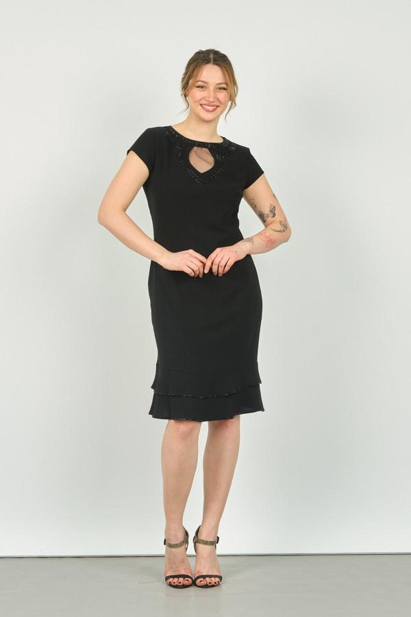 Vals Kadın Bisiklet Yaka Pencere Detaylı Etek Ucu Fırfırlı Araboy Abiye Elbise 23-117 Siyah - Image 1